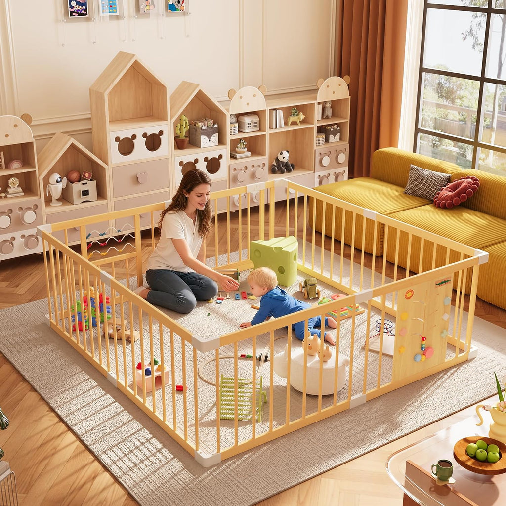 Wooden Baby Playpen with Locking Gate, Extra Large Playpen for Babies and Toddlers, Size Adjustable Activity Center