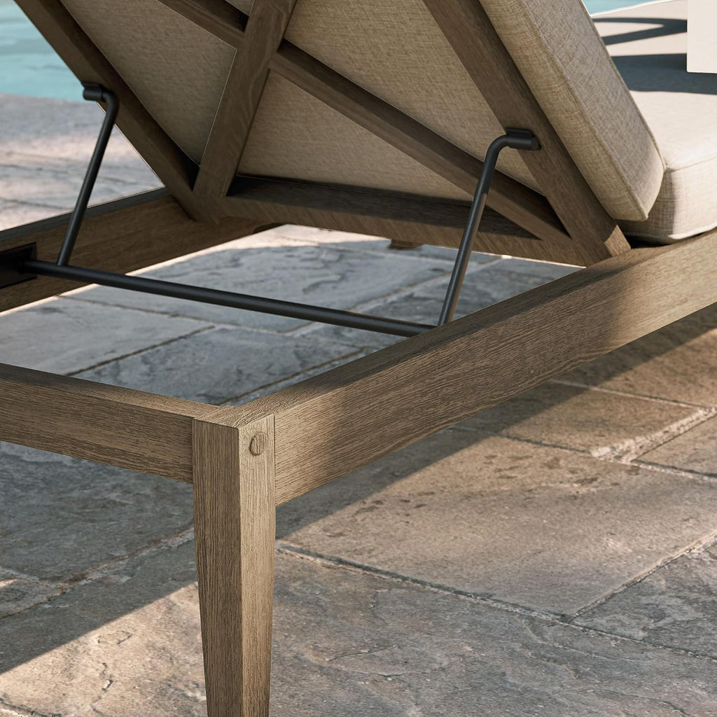 Teak Outdoor Chaise Lounge Chair in Weathered Gray Pebble - Adjustable Wood Poolside Recliner
