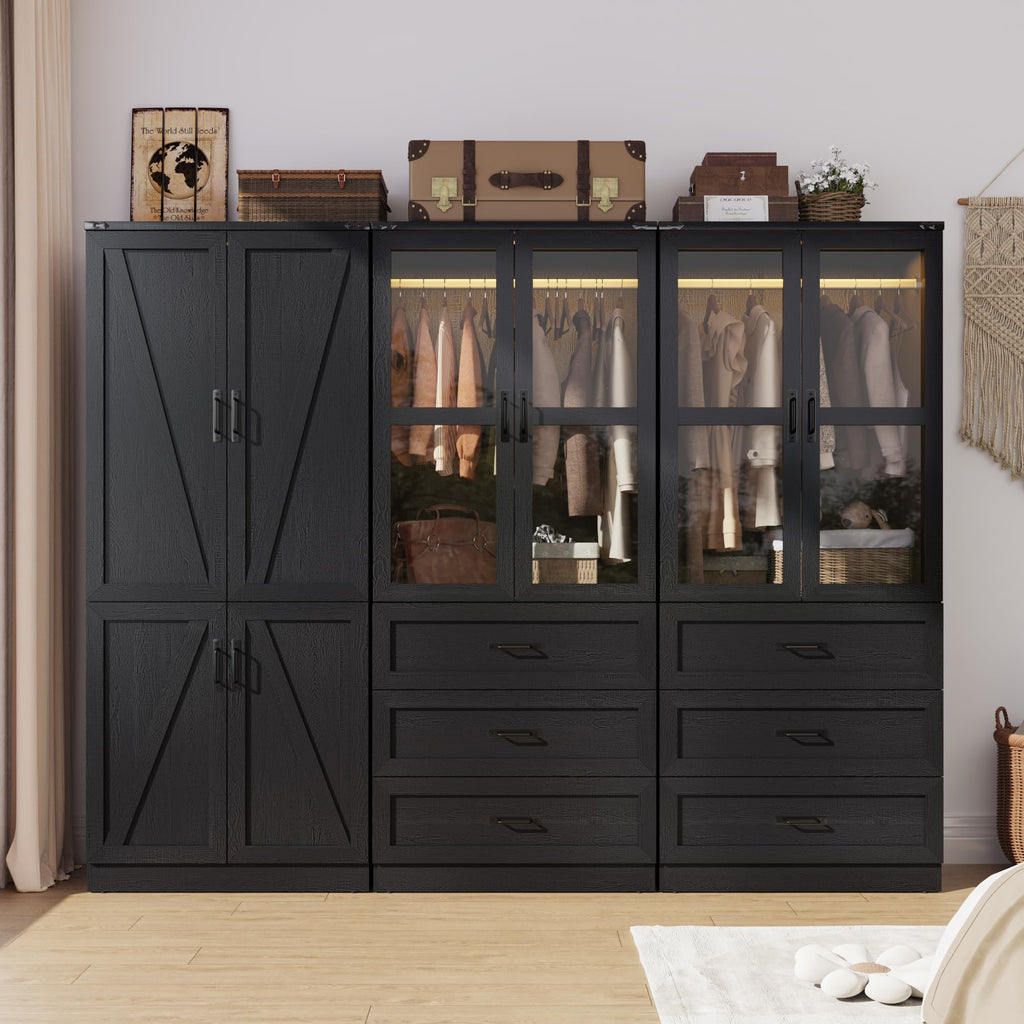 75" Tall Farmhouse 6 Doors Armoire Wardrobe Closet with 6 Drawers and LED, Freestanding Closet Wardrobe Cabinet with