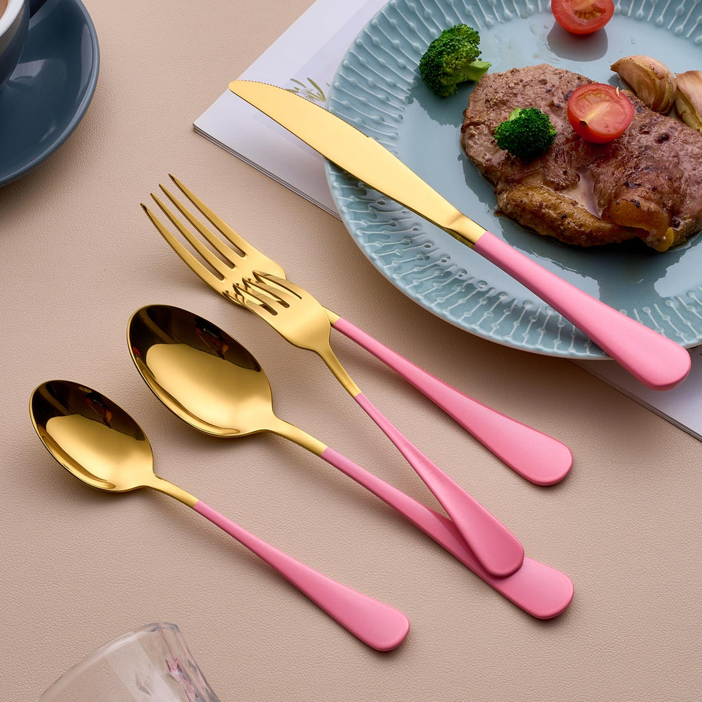20-Piece Gold & Pink Silverware Set for 4, 18/0 Stainless Steel Flatware Cutlery Utensils Set, Includes Dinner