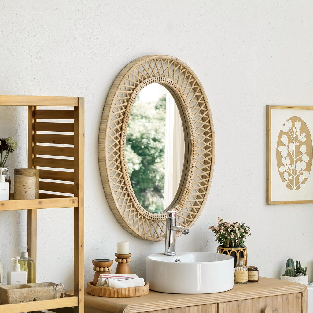 Oval Rattan Wall Mirror - 24x32 Inch Boho Elegance with Woven Frame, Decorative Mirror Vanity Entryway Living Room