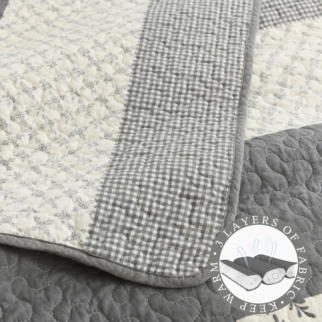 100% Cotton Quilt Set, Cottage Stripe Vine, Grey Cream
