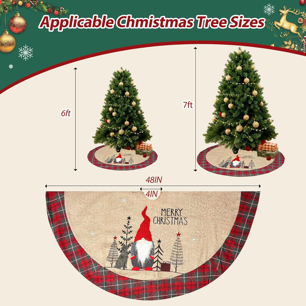 Large Christmas Tree Skirt 48 Inch, Vintage Burlap Christmas Tree Skirt with Buffalo Plaid Edges and Stereo Plush