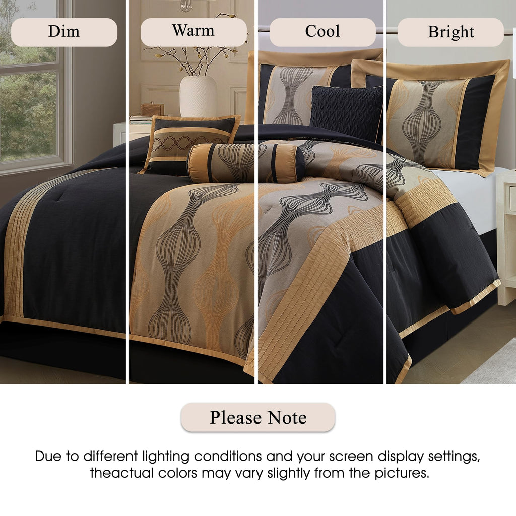 Black and Gold Comforter Set, 7 Pieces Jacquard Bedding Sets with Comforter, Bed Skirt, Pillows & Shams, Queen Size