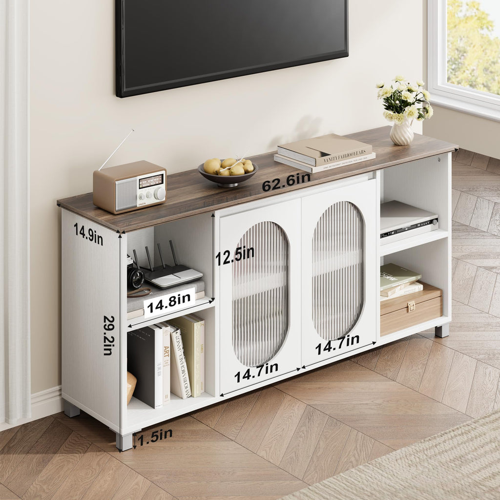 TV Stand for 65" TVs with Fluted Glass Media Console, White