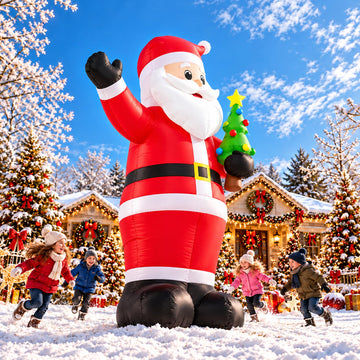 20FT Christmas Inflatable Santa Claus Holding a Christmas Tree, Light Up Outdoor Blow Up Santa Decoration, Waving