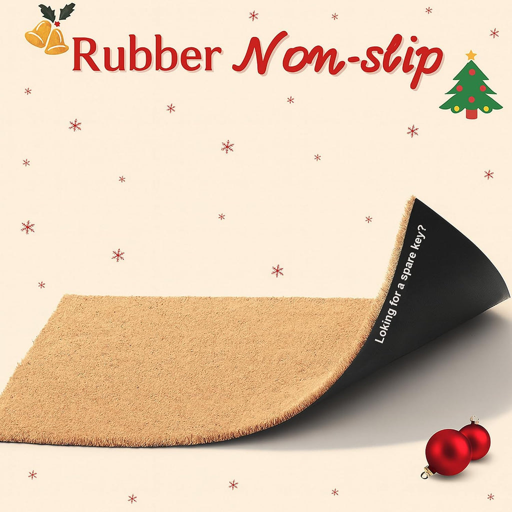 Christmas Door Mat Combo Set - 100% Coco Coir Welcome Mat + 28 x 43 Inch Red and Black Plaid Rug, New Year Holiday