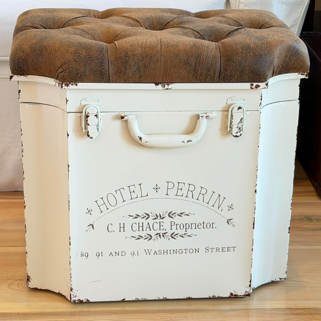 Vintage Steamer Trunk Storage Ottoman, Faux Leather