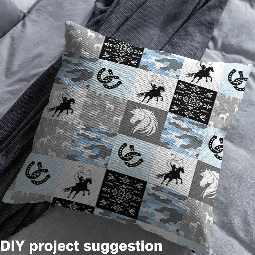 Western Cowboy Fabric by The Yard Blue Gray Camo Plaid Fabrics for Sewing Supplies Tribal Grid Horseshoe Horse