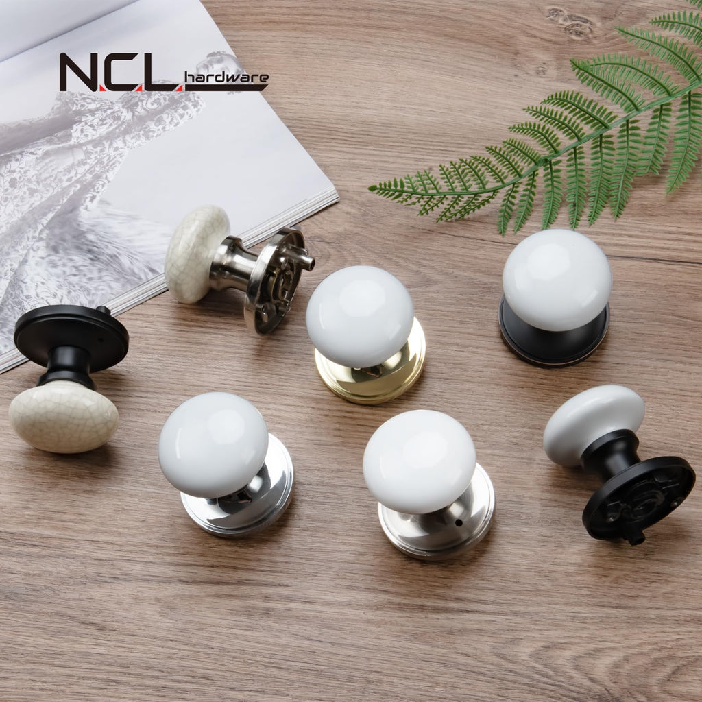 NCL Crack Door Knobs, Porcelain Round Door Handle with Matt Black Plate