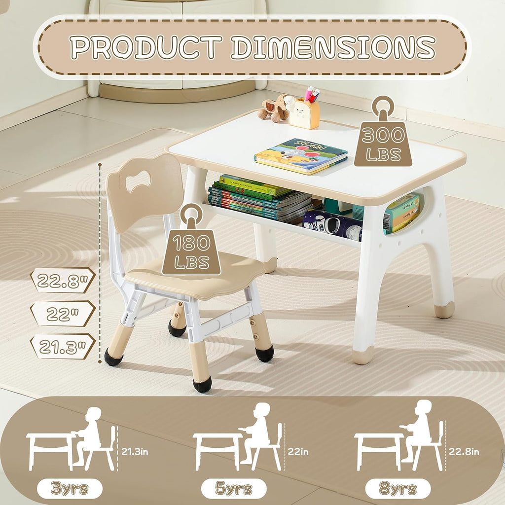 Kids Table and Chair Set, Kids Activity Table with Storage Rack, Wooden Desktop with Graffiti Desktop, Height