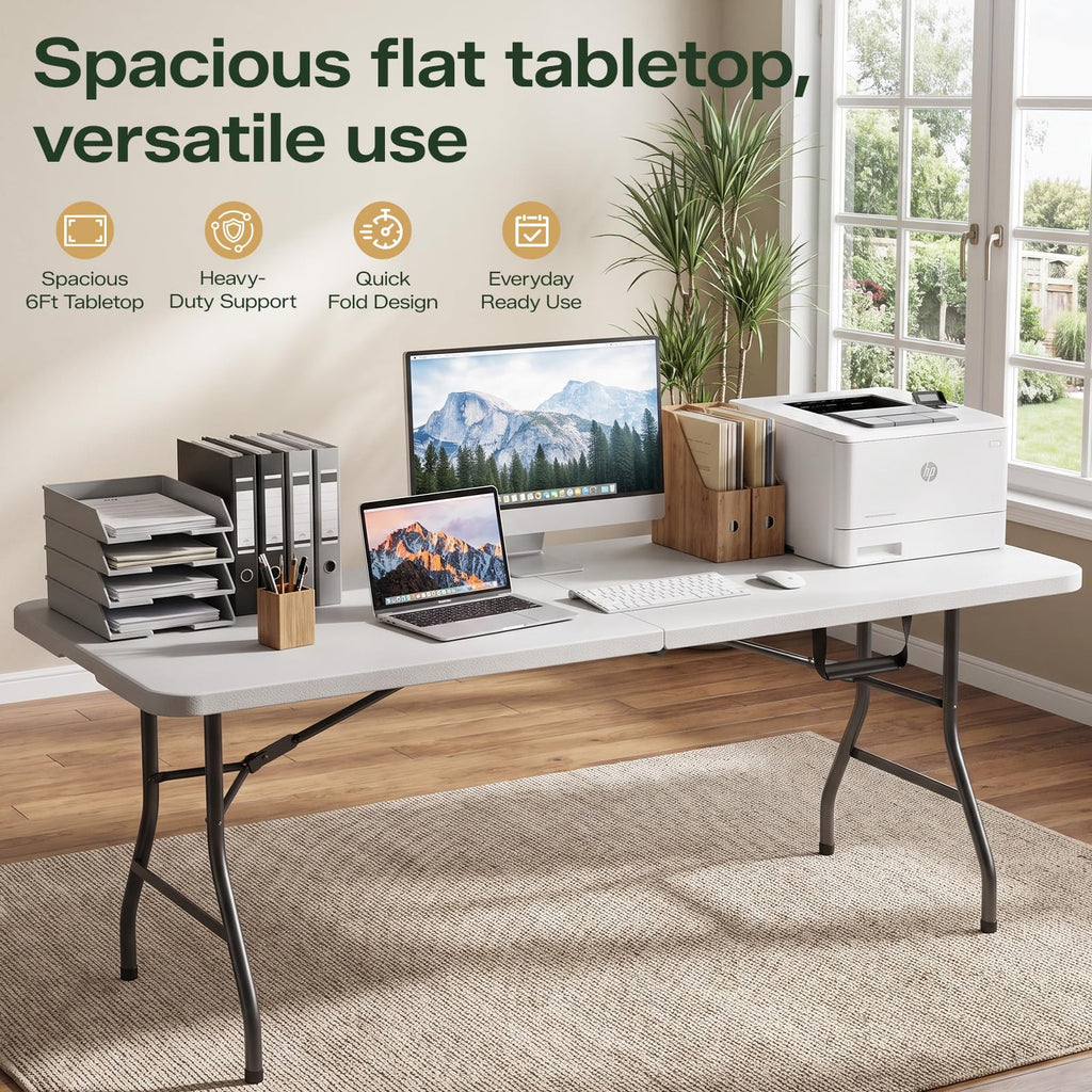 6FT Folding Table, Heavy Duty Plastic Fold-in-Half Utility Table with Handle, Portable Camping Picnic Table with