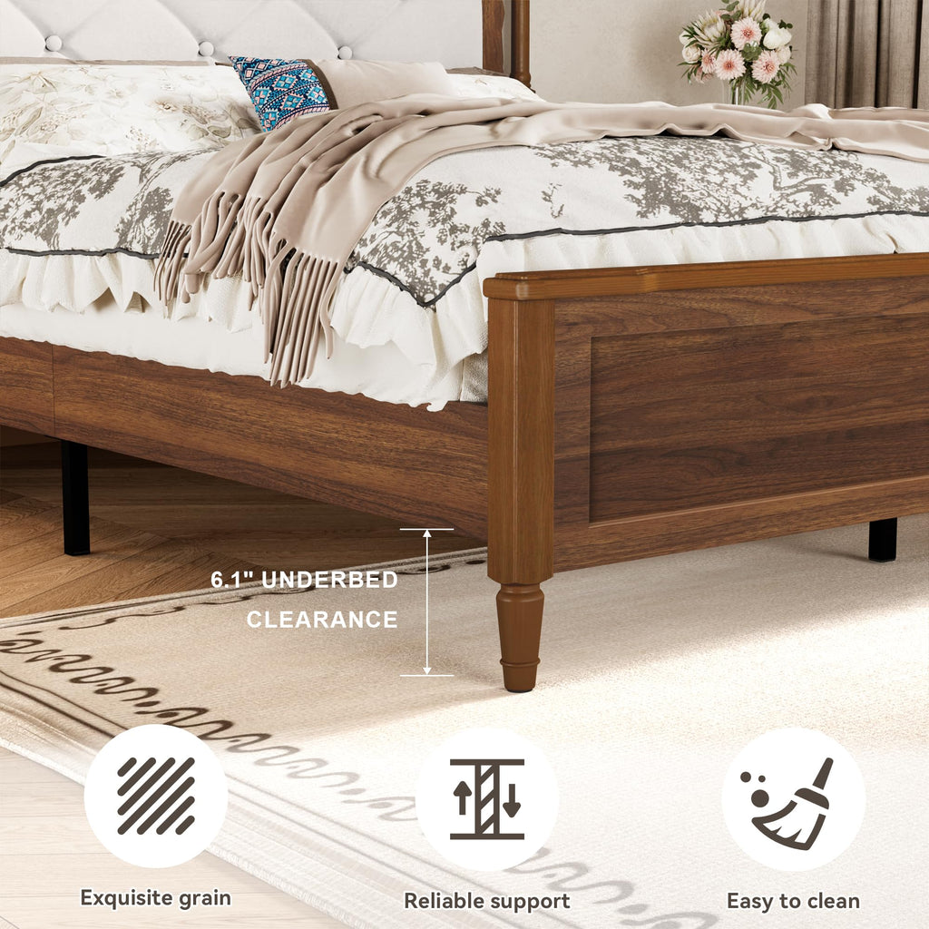Vintage Platform Bed, Bed Frame with Upholstered Headboard