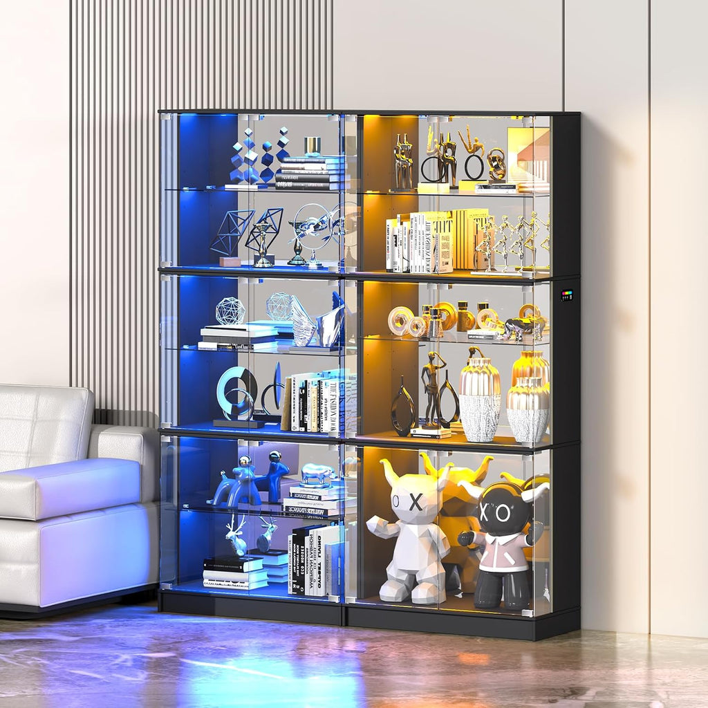 Display Cabinet with Glass Doors, 6-Tier 71'' Tall Curio Cabinet with RGB Lights for Collectibles, Display Case with