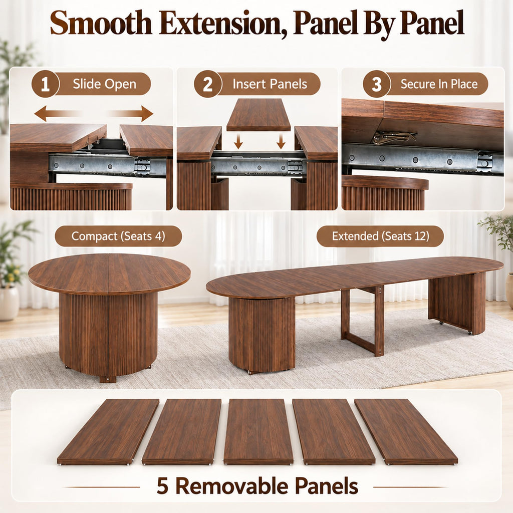 44"-132" Extendable Dining Table for 4-12, Expandable Oval Dining Room Table with Reinforced Bottom Support Base and