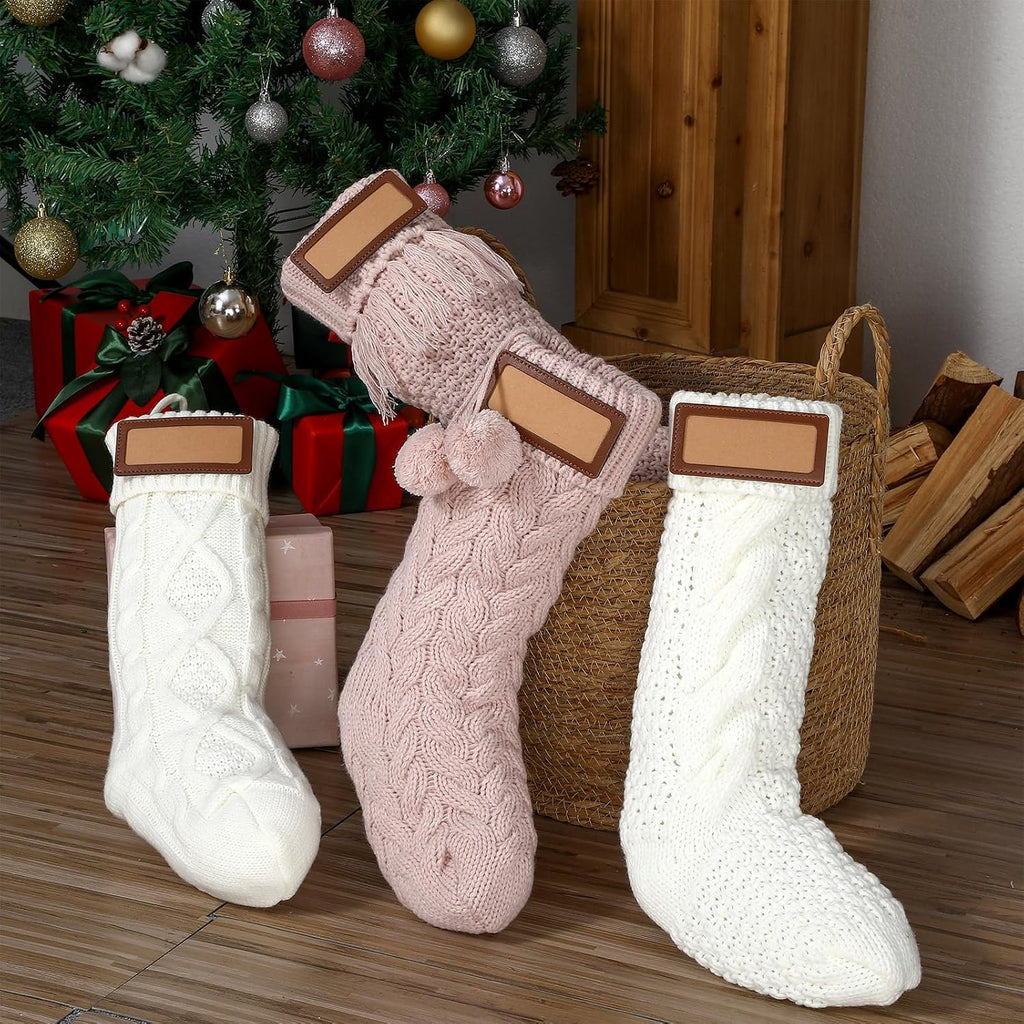 Personalized Knitted Christmas Stockings with Leather Name 18 inch Bulk Family Large Size Knit Xmas Hanging - Set of 4