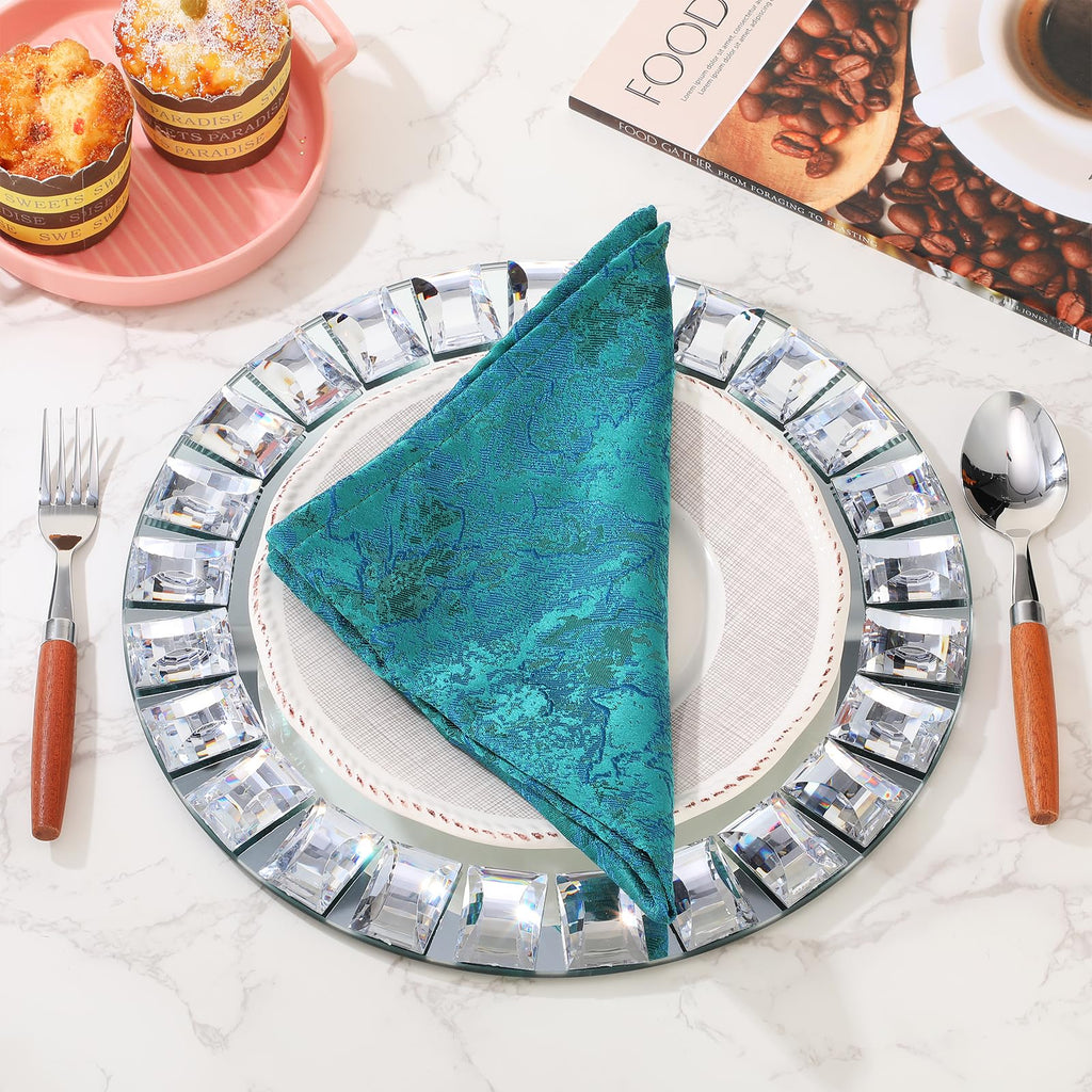6 Pcs Silver Mirrored Glass Charger Plates, Square Diamond Rim