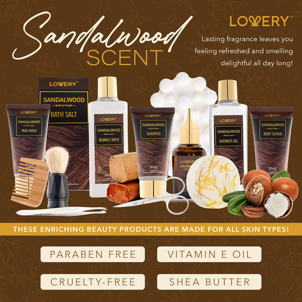 Mens Gift Set, 14Pc Sandalwood Bath Gift Set, Personal Self Care Kit, Gifts from Son, Relaxing Man Gift Basket for