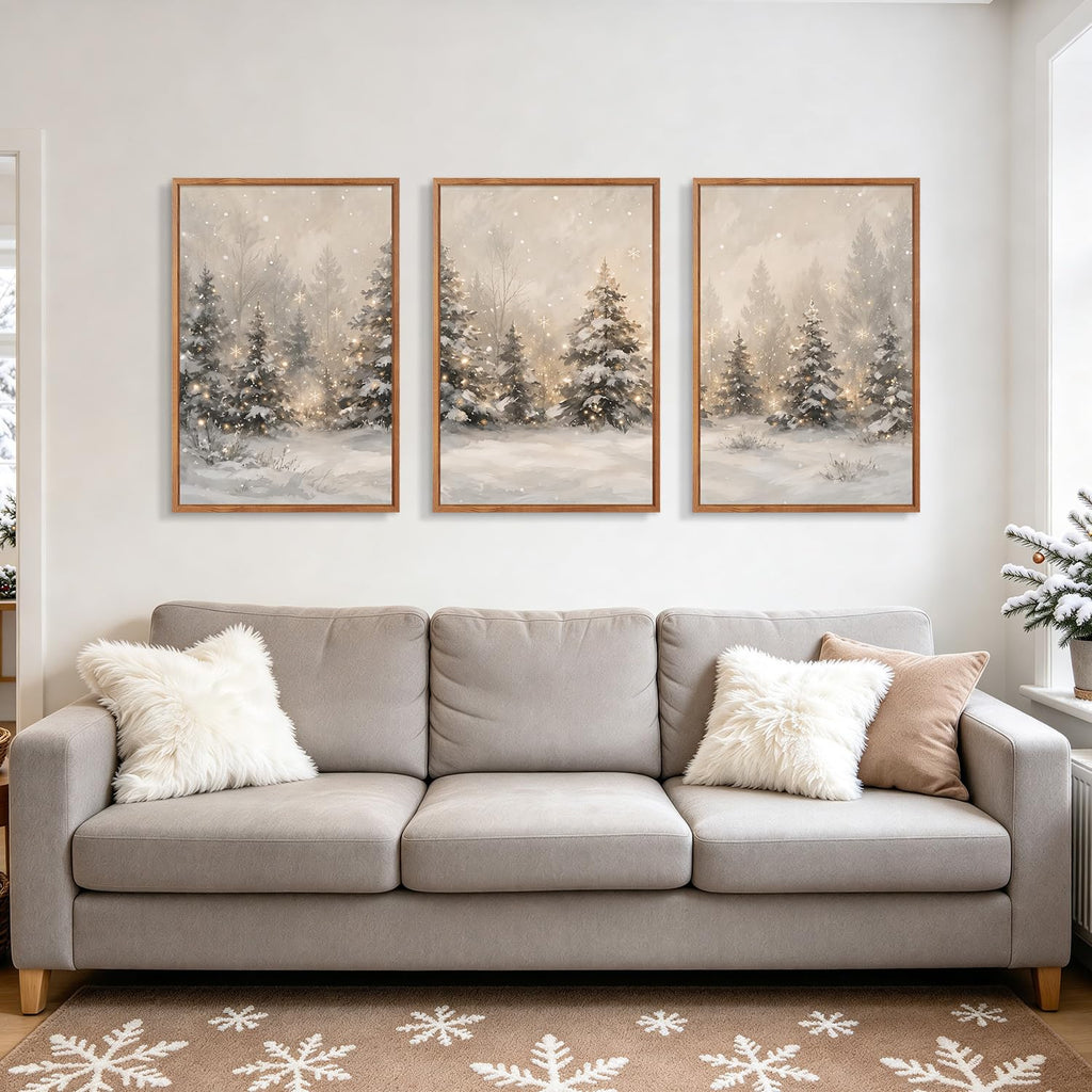 Large Framed Winter scene Forest Wall Art, Neutral Snowy Tree Prints
