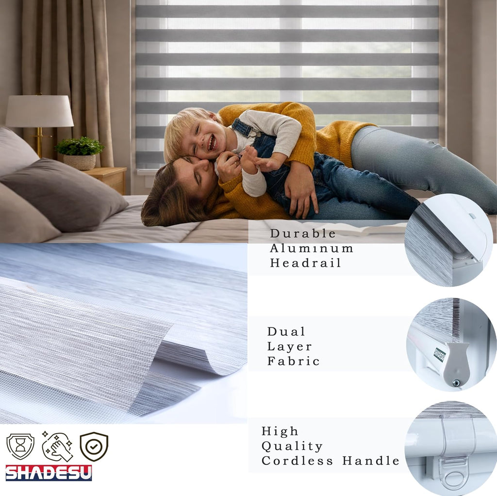 Cordless Zebra Blinds Roller Shades, Grey, 21.5" W x 72" H