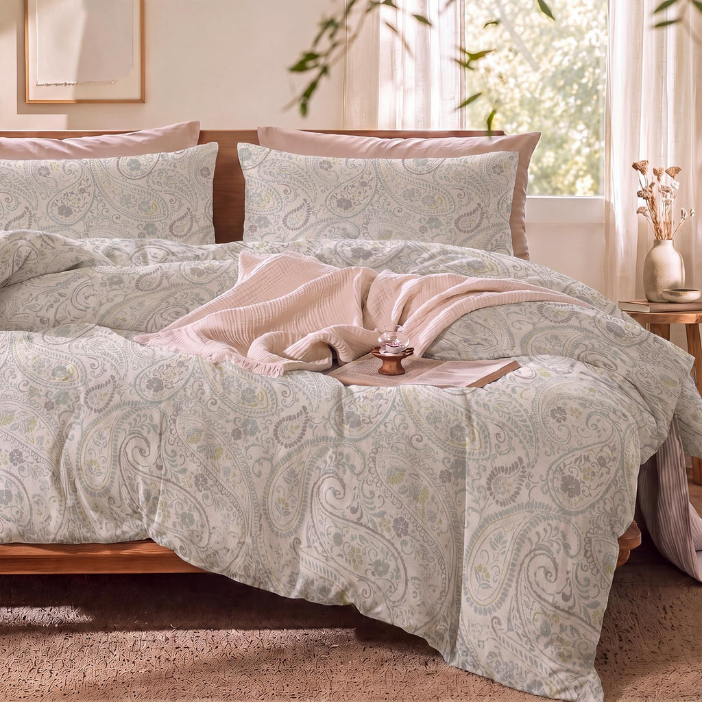 Linen Cotton Duvet Cover Set, Light Grey Paisley Bedding Set, 3 Pieces Vintage Floral Duvet Cover with