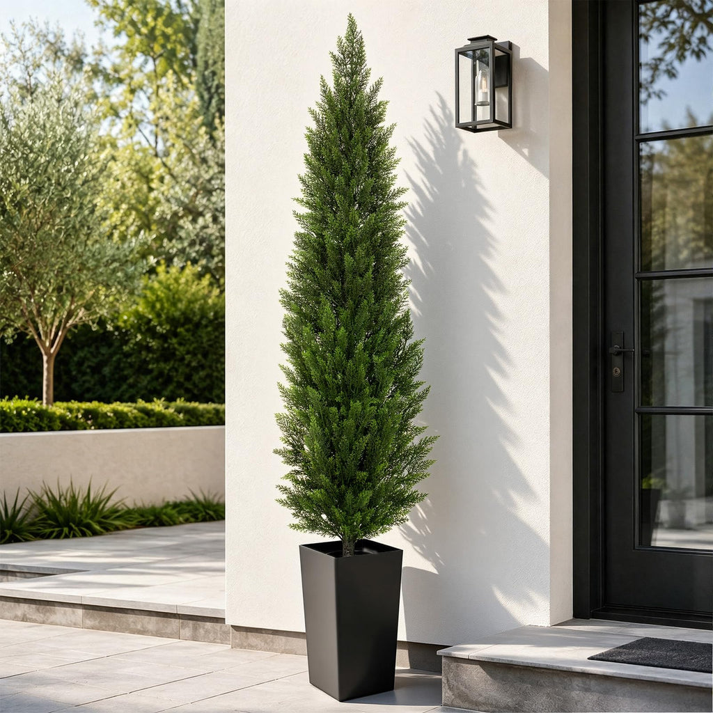 Artificial Cedar Topiary Trees with Black Pot, 7 FT UV Resistant Faux Boxwood Plants, Front Porch Decorations