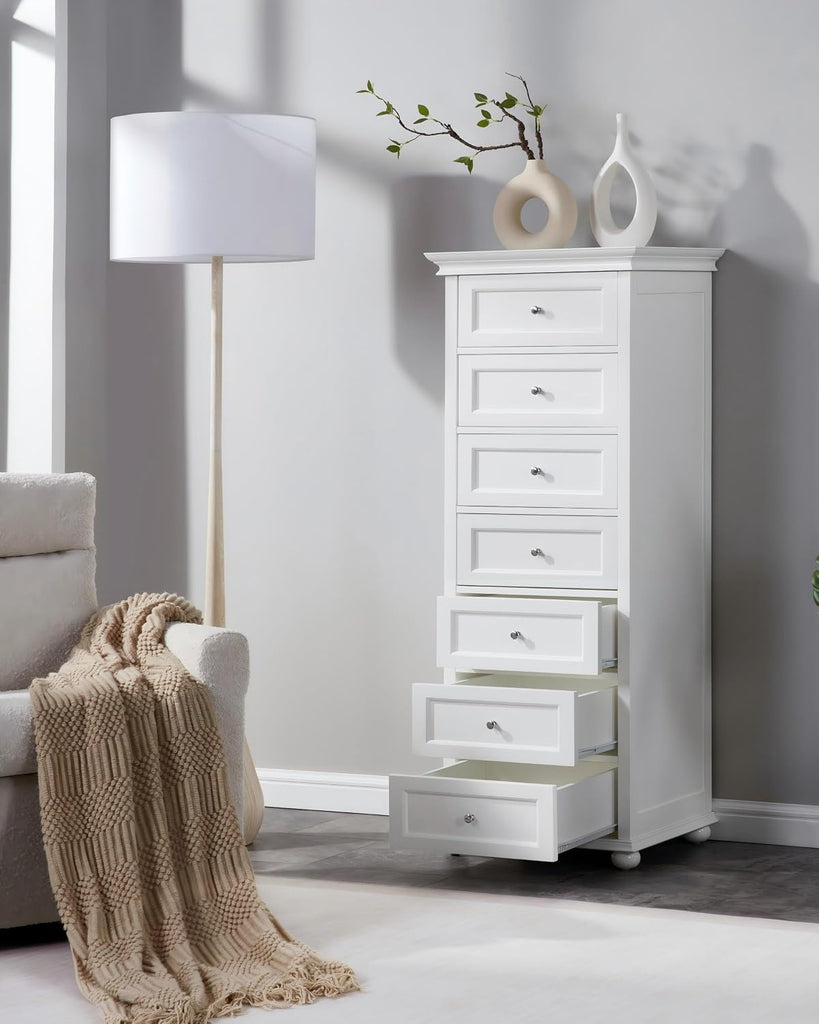 Tall Skinny Dresser with 7 Drawers, White Narrow Wood Dresser | Tall Vertical Chest of Drawers Dresser for Closet