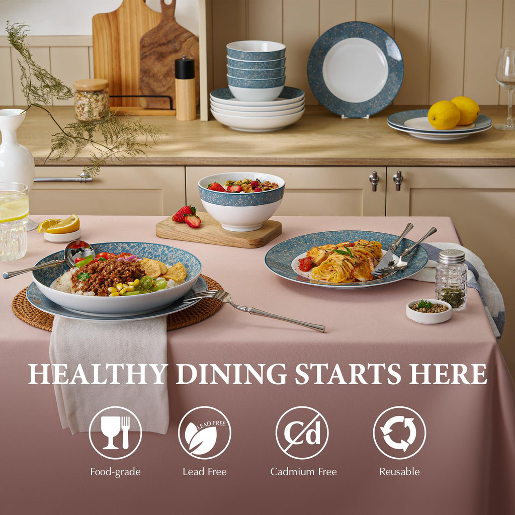Long 12-PCS Porcelain Dinnerware Set, Plates, Bowls, Service for 4, Chip & Scratch Resistant, Oven Safe up to 482°F