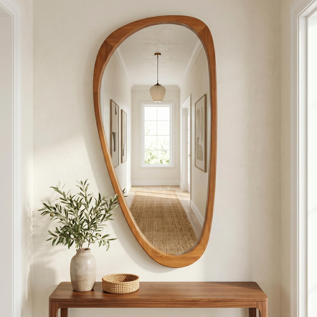 48x24 Inch Warm Walnut Large Irregular Solid Wood Wall Mirror