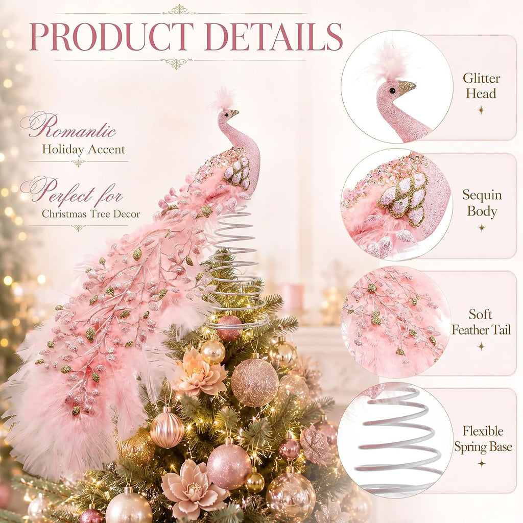 15 Inch Christmas Peacock Tree Topper, Glitter Peacock Feather Ornaments