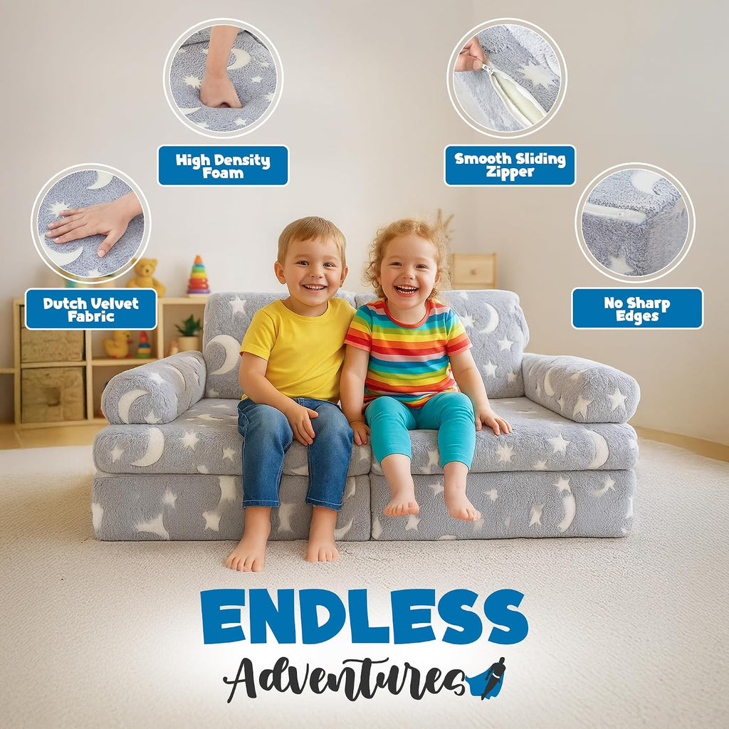 Seater Modular Kids Play Couch - 10pc Glow in the Dark Creative Kids Couch for Playroom, Living Room, and Bedroom