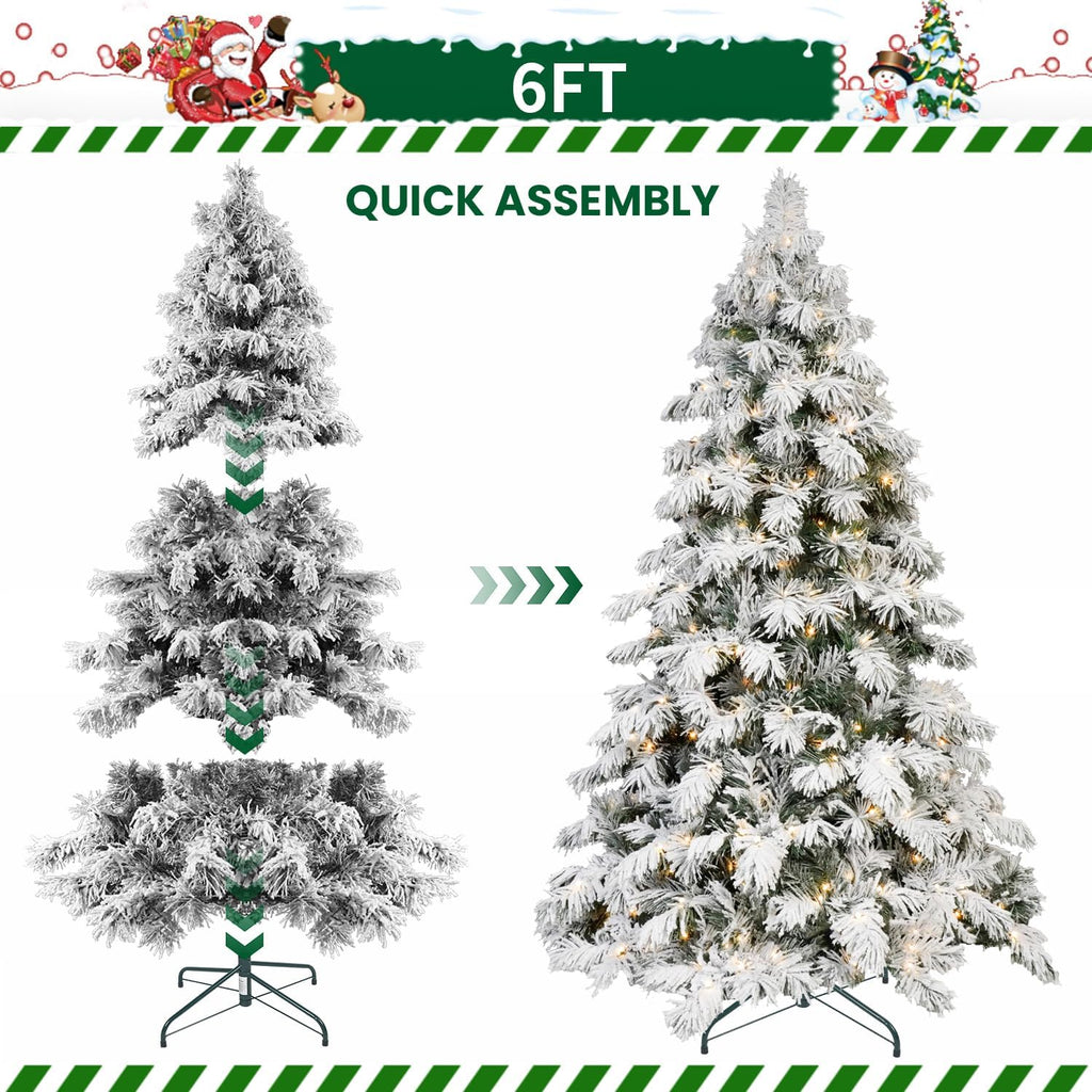 Prelit Flocked Christmas Tree, Premium Artificial Christmas Tree with 270 Warm White Lights and 594 Branch Tips