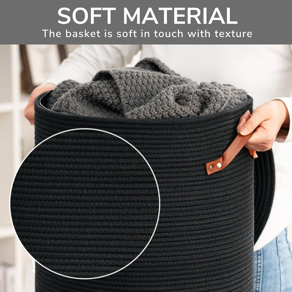 Large Woven Laundry Basket with Lid & Leather Handles, 60L, Black | 15" x 20" Tall Laundry Hamper, Storage Basket for