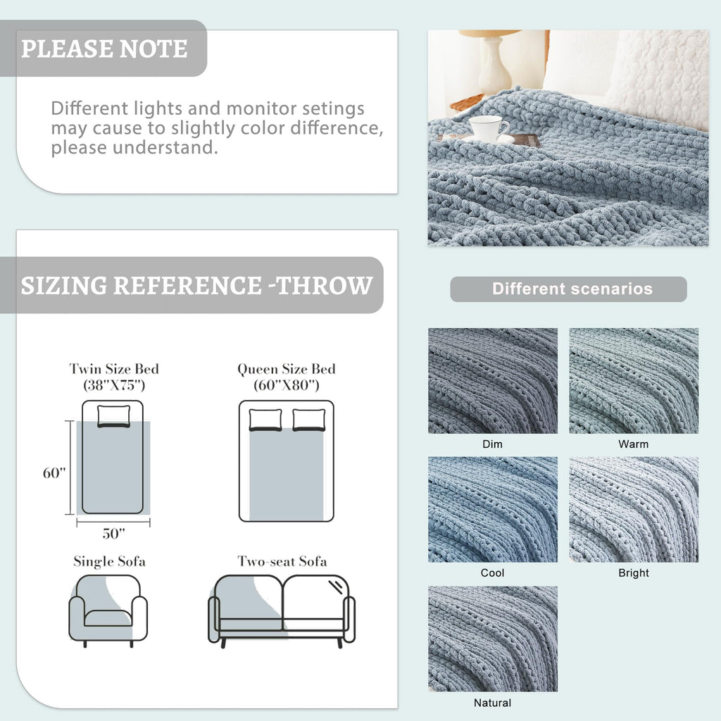 Blue Chunky Knit Throw Blanket for Couch, 50"x60"