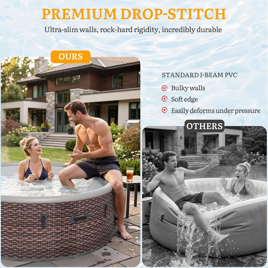 77" Premium Drop-Stitch Inflatable Hot Tub for 6 Person, Rigid Portable Outdoor Spa with 180 Massage Jets, Smart