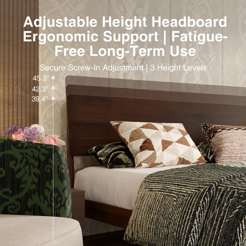 King Size Bed Frame with 3-Level Adjustable Storage Headboard, Solid Wood Platform Bed Frame with Slats, No Box