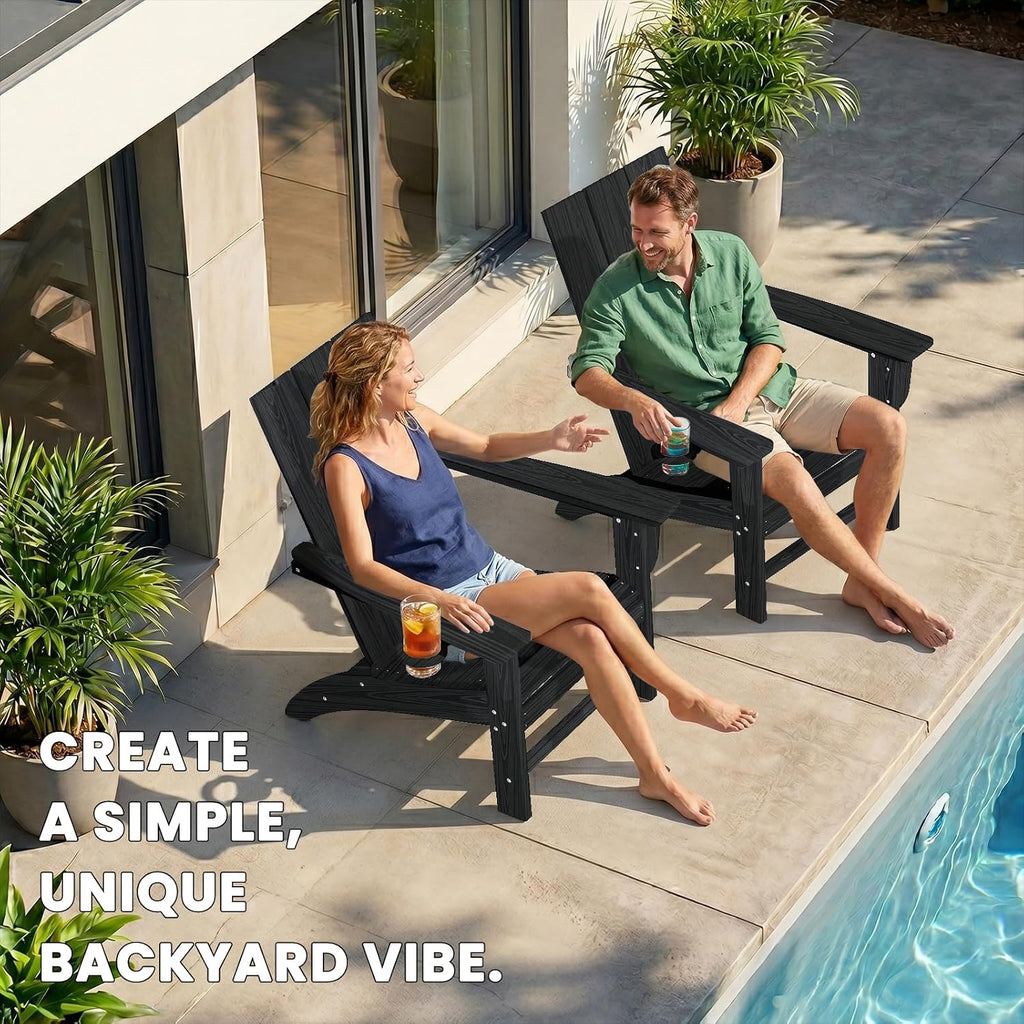Modern Adirondack Chairs Set of 2, Cup Holder, HDPE Plastic Patio Chairs | Wood Texture Outdoor Chairs, Lawn Chairs