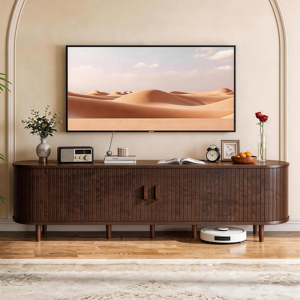 80" Mid Century Modern TV Stand with Power Outlet, Fluted Entertainment Center with Storage and Adjustable Shelves