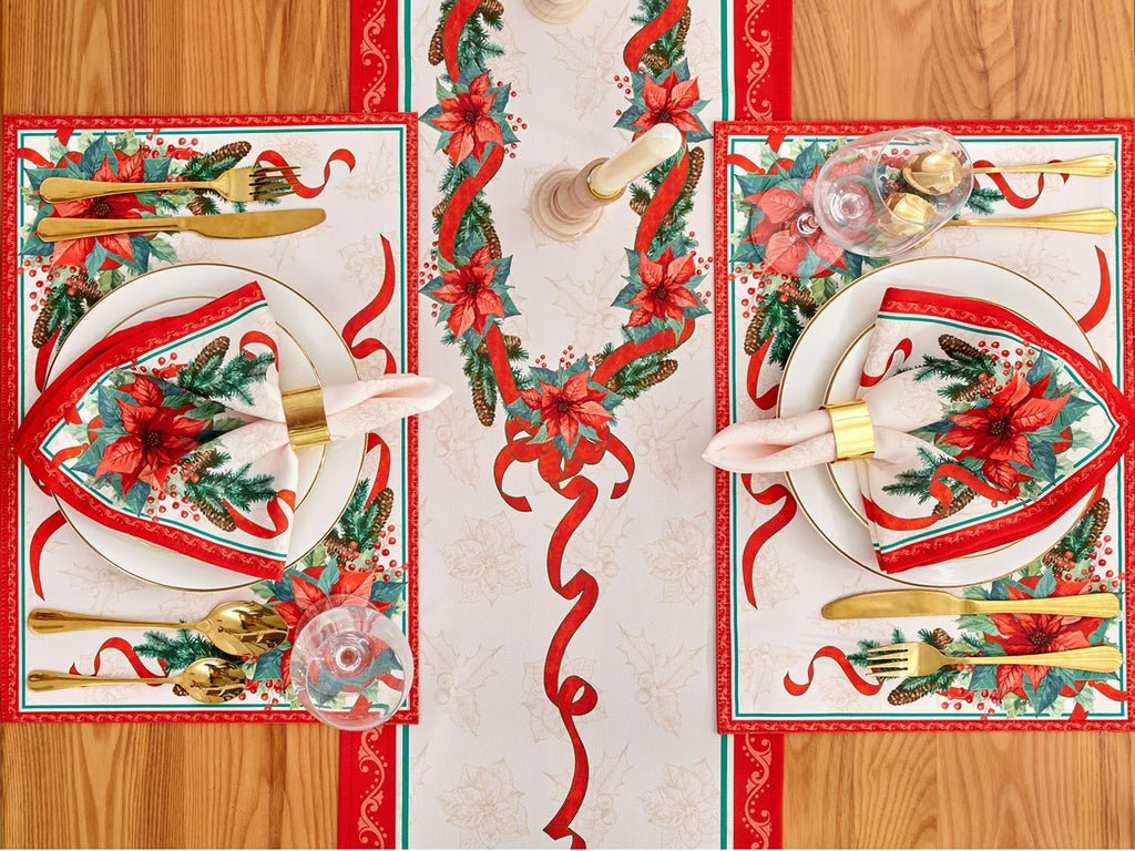 Poinsettia Ribbon Engineered Printed Fabric Christmas Tabletop for Xmas Winter Holiday, Christmas Time - 13 x 19