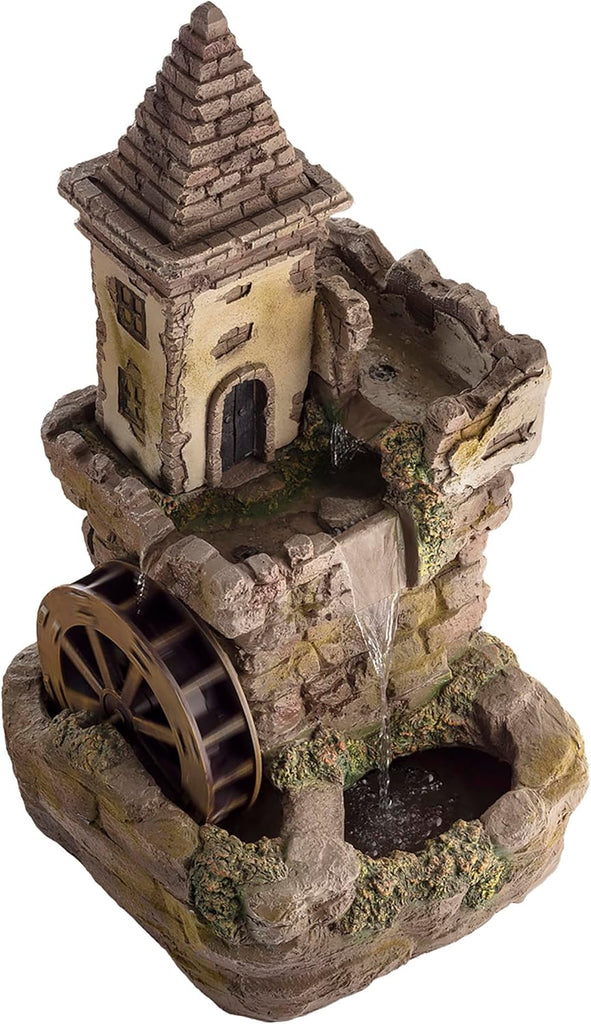 USA1164 Outdoor Floor Tiered Fairy Castle Waterwheel Water Fountain with Realistic Stone Look, 35", Brown