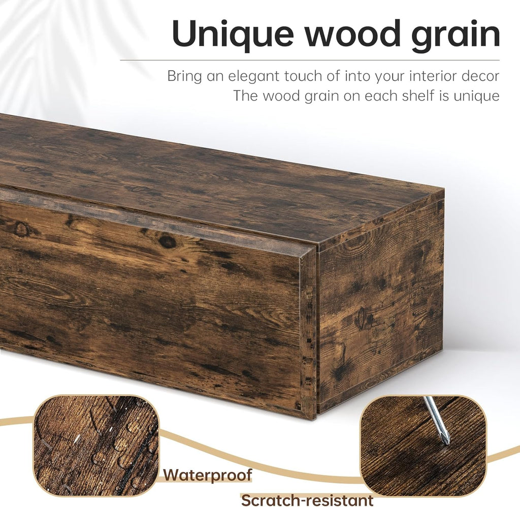 72inch Shelf with Hidden Storage - MDF Wood Wall-Mounted Shelf, Farmhouse Floating Mantel for Fireplace or Living
