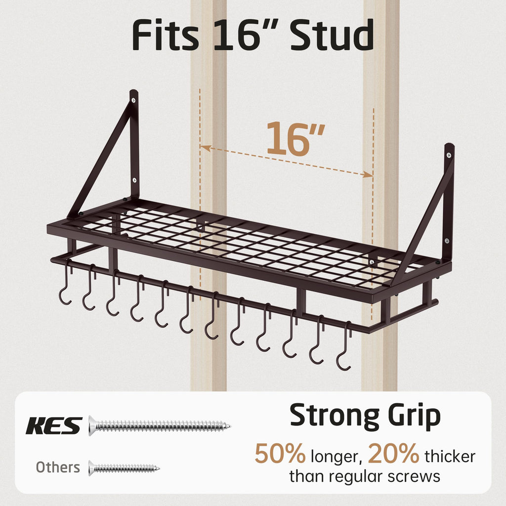 Wall Pot Rack, Oil Bronze, 88lb Capacity, 12 Hooks, Farmhouse