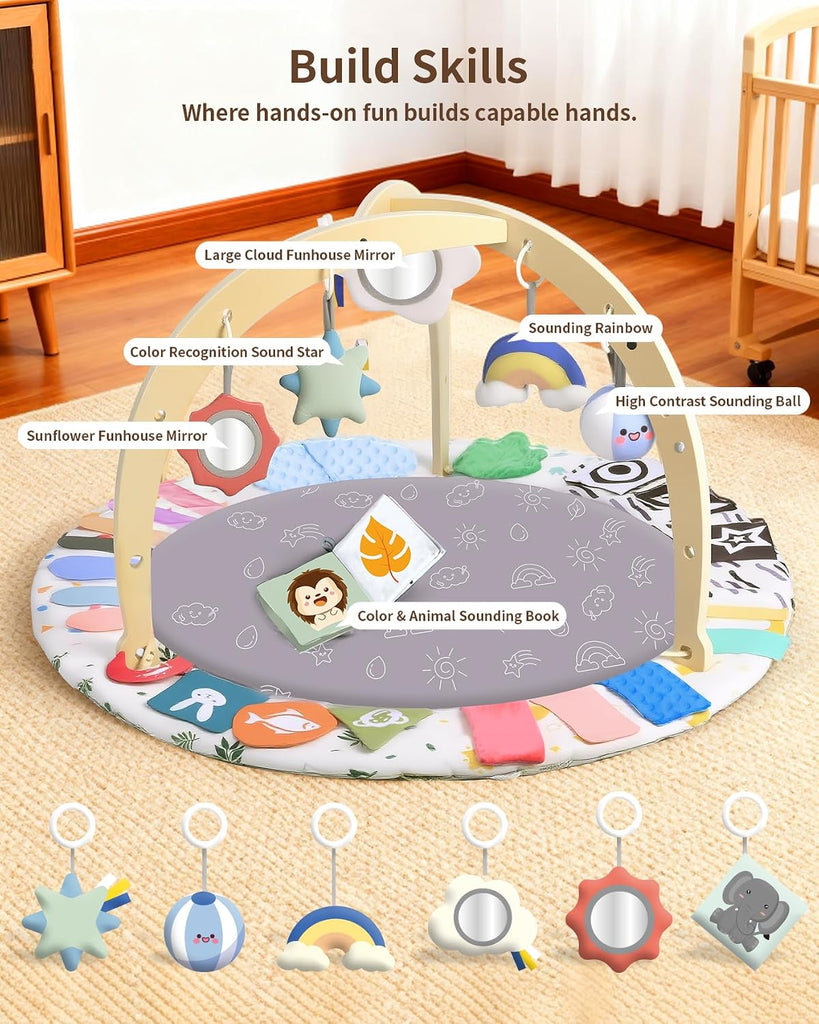 Play Gym Activity Mat, Tummy Time Play Mat for Babies 0-6 Months with 6 Detachable Newborn Infant Toys, Promote Motor