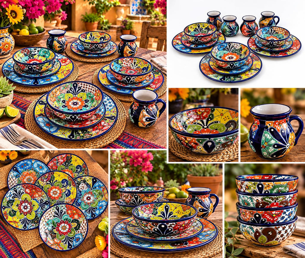 16-Piece Talavera Dinnerware Set | Hand-Painted Mexican Pottery with 4 Large 11.5" Plates, 4 Small 8" Plates, 4