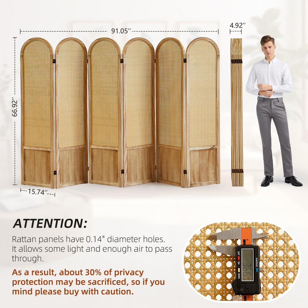 6 Panel Rattan Room Divider Screen, Boho Folding Privacy Screen