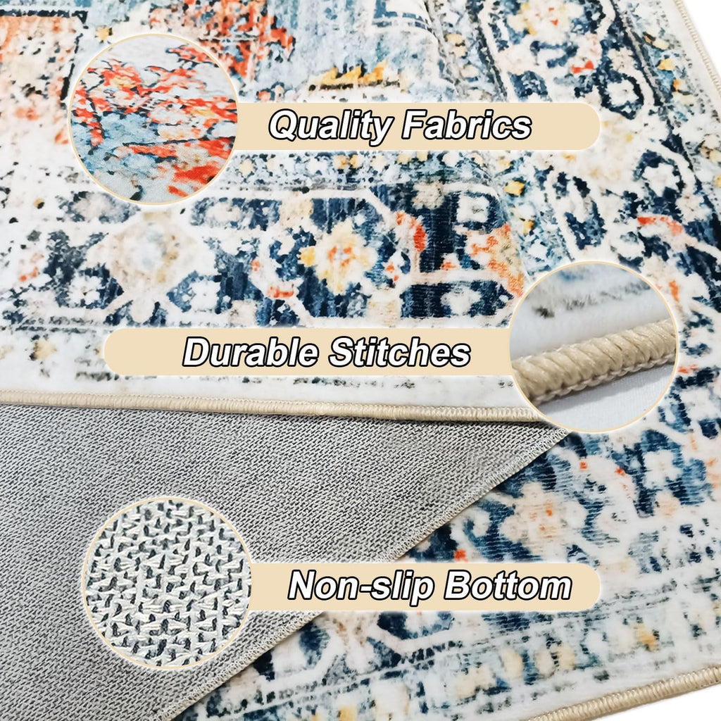 Area Rugs Washable Non-Slip, Floral Vintage Distress Print Pattern Medallion Carpet Bedroom Dining Room, Beige Navy