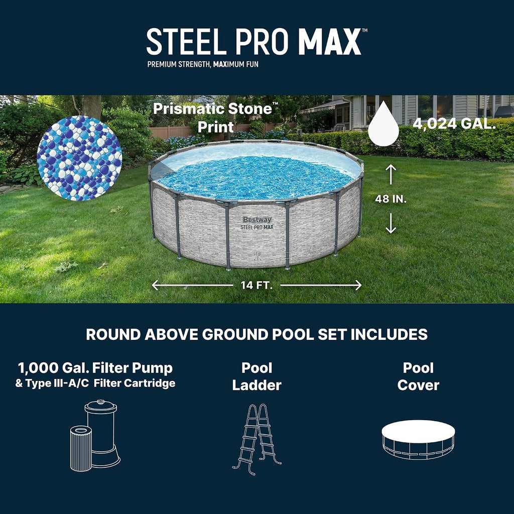 Steel Pro MAX 14' x 48" Above Ground Pool, Round Metal Frame Outdoor Swimming Pool Set with Filter Pump, Ladder, and