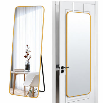 57x20" Full Length Mirror Floor Stand, Over the Door, Wall Mounted Gold
