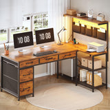 L Shaped Desk with Drawers and Hutch, 47.2" Reversible Office Computer Desk with 5 Fabric Drawers