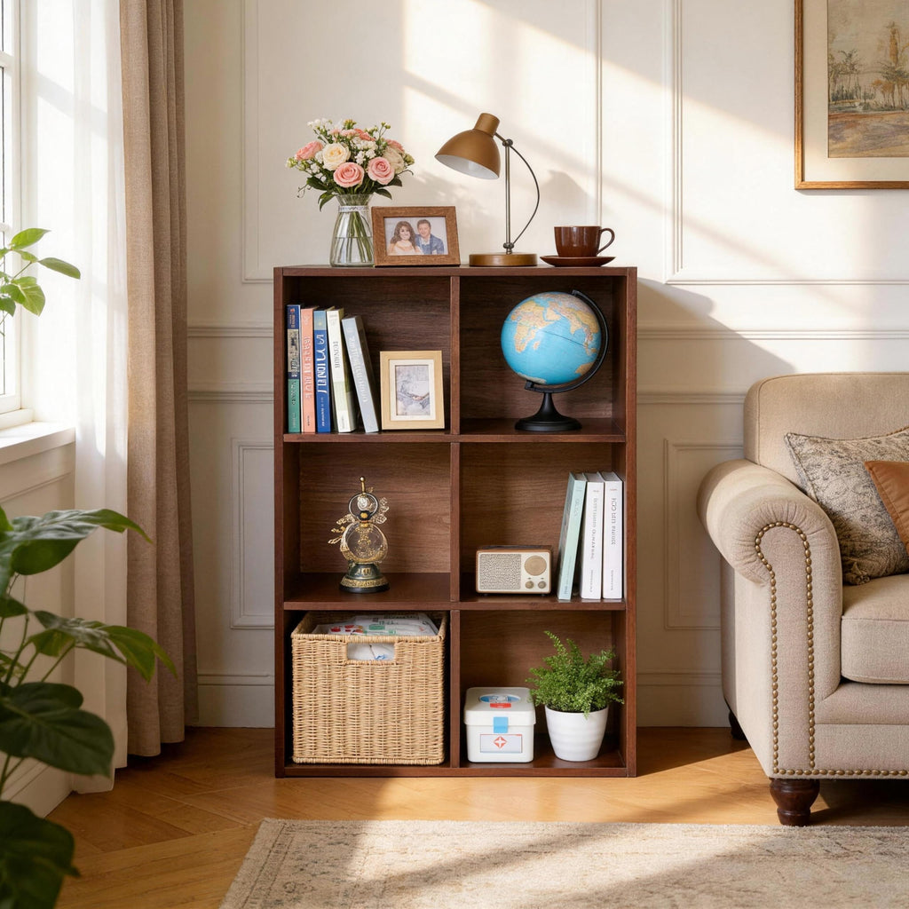 6 Cube Storage Bookcase, Walnut Horizontal Bookshelf